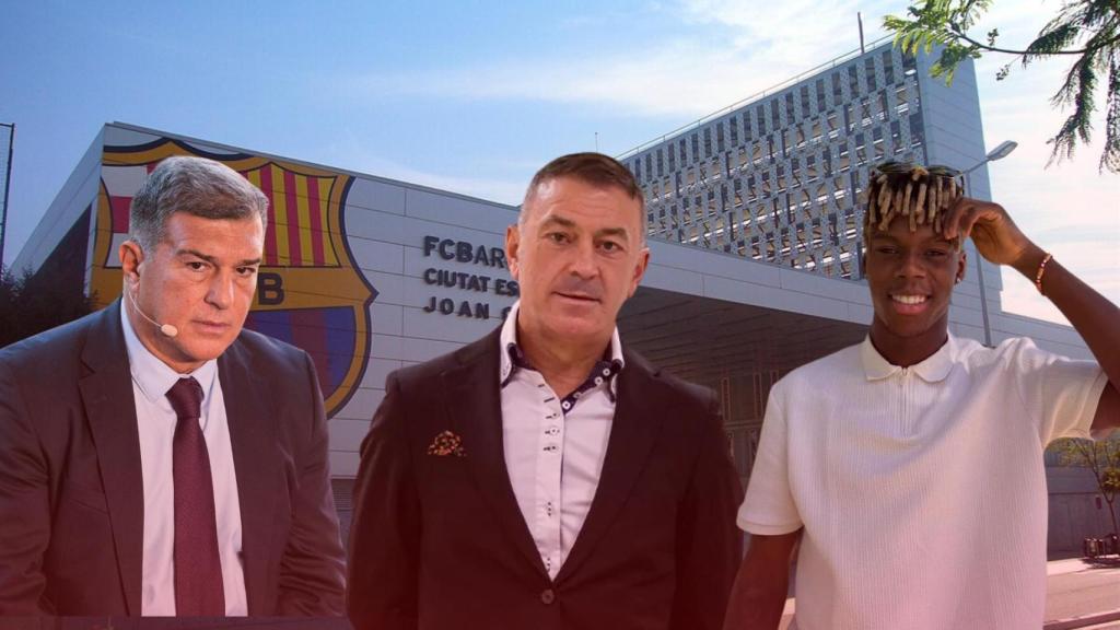Joan Laporta, Félix Tainta y Nico Williams, en un fotomontaje con la Ciutat Esportiva Joan Gamper