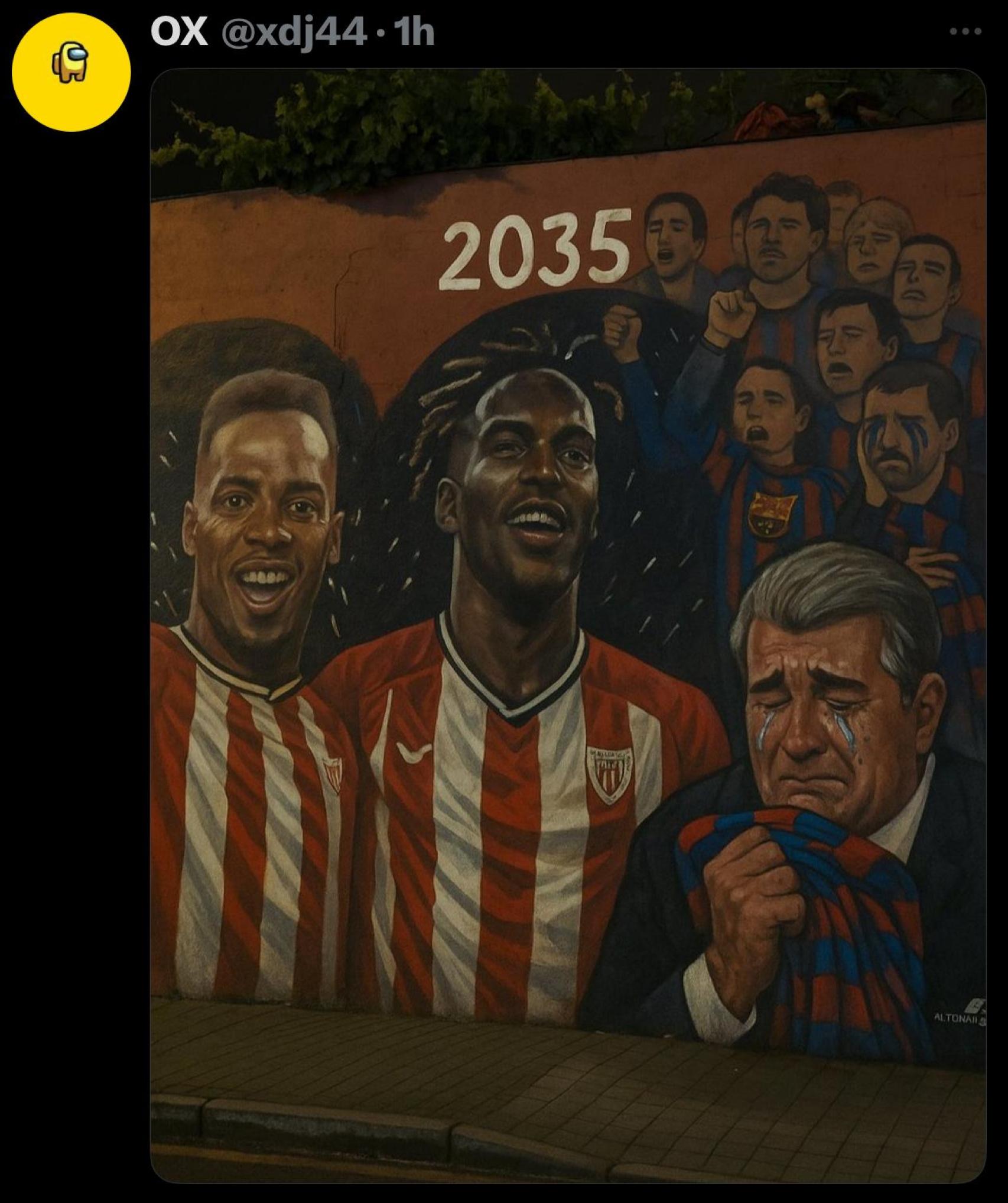 Meme de un aficionado del Athletic colocando a Laporta y a aficionados culés llorando en el mural de Barakaldo