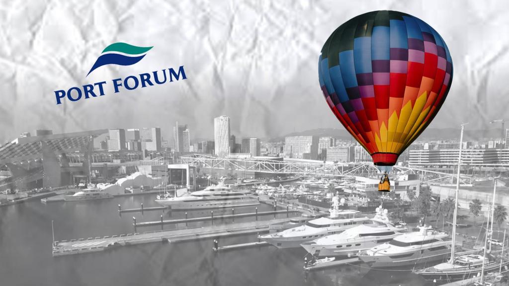 Vista del Port Fòrum, logo de la instalación y un globo aerostático