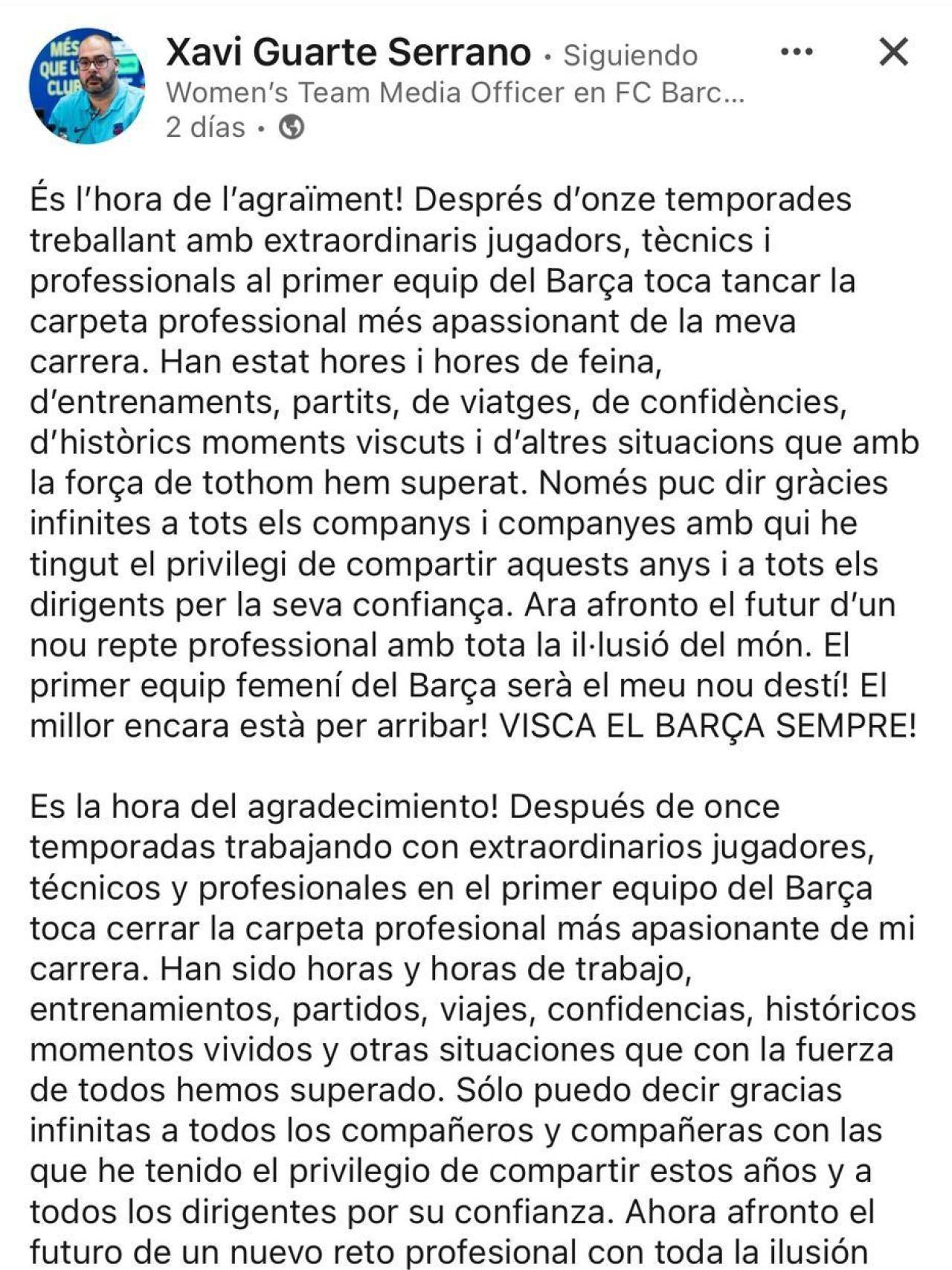 Xavi Guarte se despide del primer equipo del Barça masculino para recalar en el Femenino