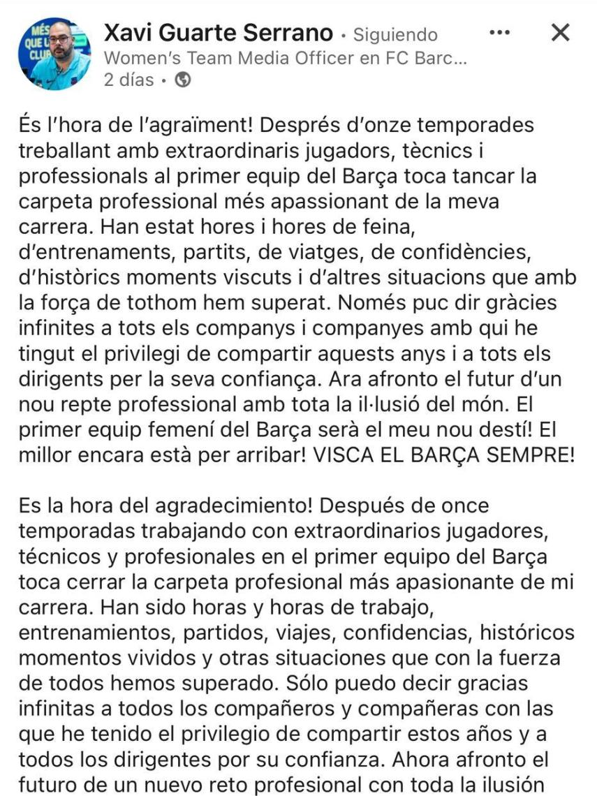 Xavi Guarte se despide del primer equipo del Barça masculino para recalar en el Femenino