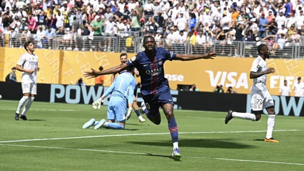 Ousmane Dembélé celebrant un gol en el duel del Mundial de Clubs contra el Reial Madrid