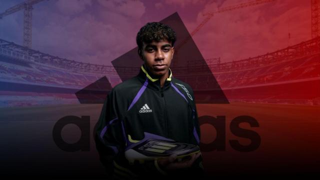 Lamine Yamal y el logotipo de Adidas en un montaje sobre el Camp Nou