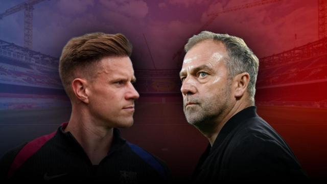 Ter Stegen y Hansi Flick en un montaje sobre el Camp Nou