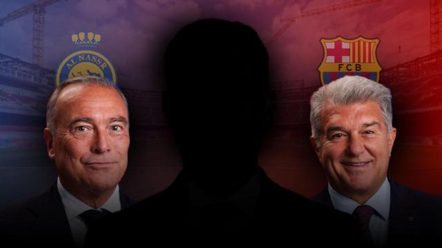 Rafa Yuste, Joan Laporta y los logotipos del Al-Nassr y el FC Barcelona en un montaje sobre el Camp Nou