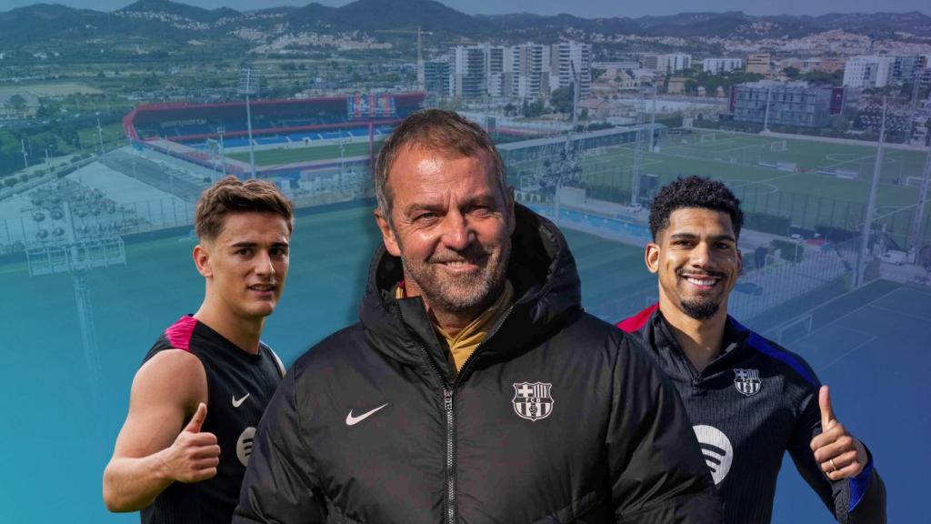 Gavi, Hansi Flick y Ronald Araujo, en un fotomontaje con la Ciutat Esportiva de fondo