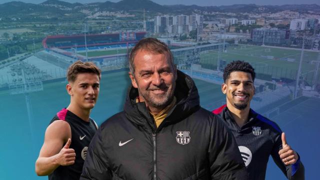 Gavi, Hansi Flick y Ronald Araujo, en un fotomontaje con la Ciutat Esportiva de fondo