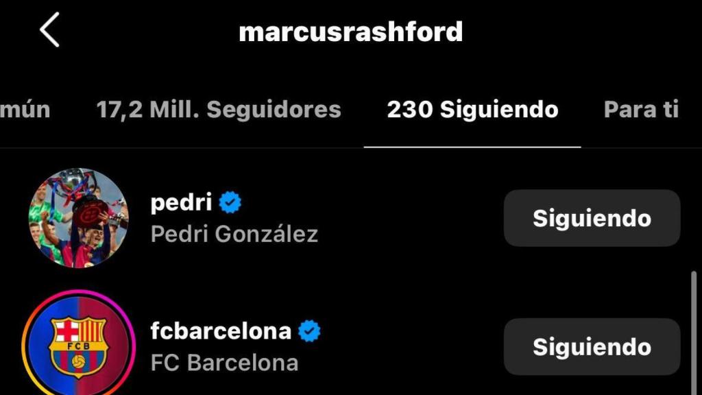 Marcus Rashford sigue a Pedri y la cuenta oficial del FC Barcelona en Instagram