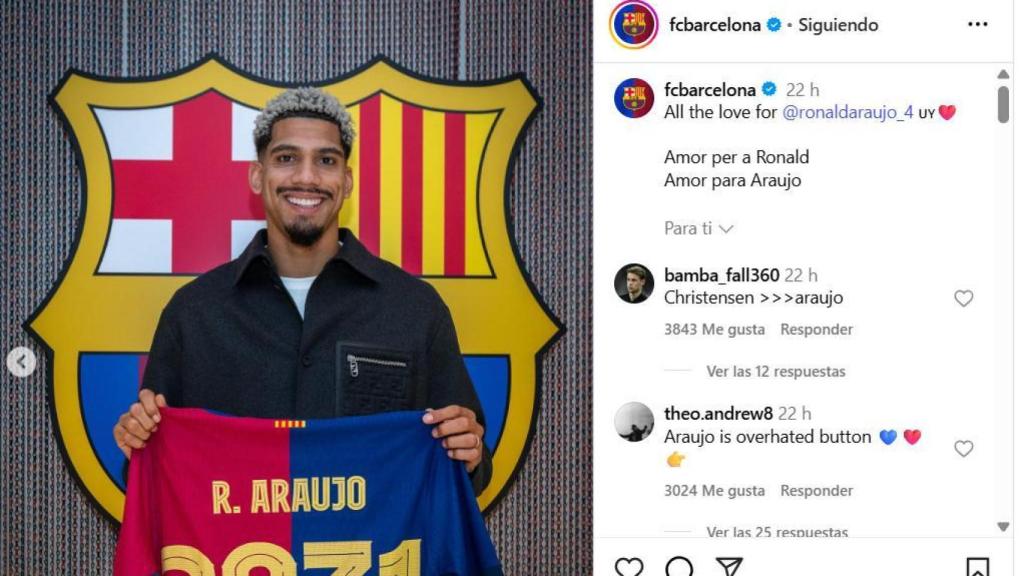 El mensaje de apoyo del Barça a Ronald Araujo