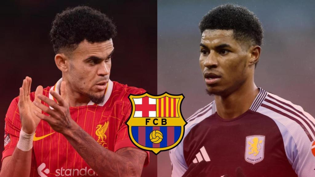 Luis Díaz y Marcus Rashford, en un fotomontaje con el escudo del Barça