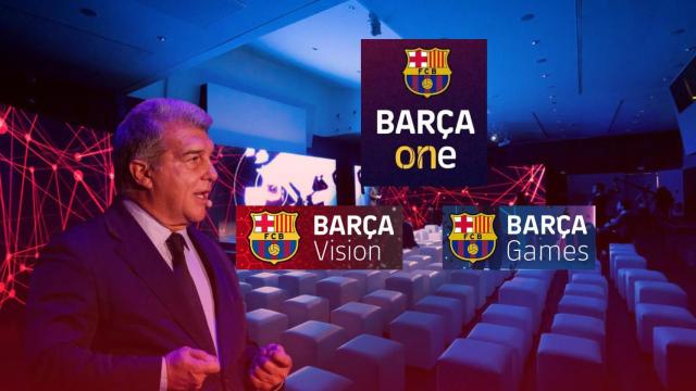 Joan Laporta, en un fotomontaje con los logotipos de Barça One, Barça Vision y Barça Games