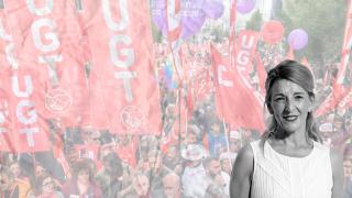 Los sindicatos CCOO y UGT convocan una protesta frente a Foment del Treball por el bloqueo de los convenios colectivos, a la espera de la aprobación de la reducción de la jornada laboral impulsada por la ministra de Trabajo y vicepresidenta del Gobierno, Yolanda Díaz