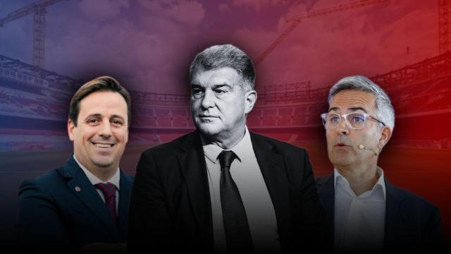 Joan Camprubí, Joan Laporta y Víctor Font en un montaje sobre el Camp Nou