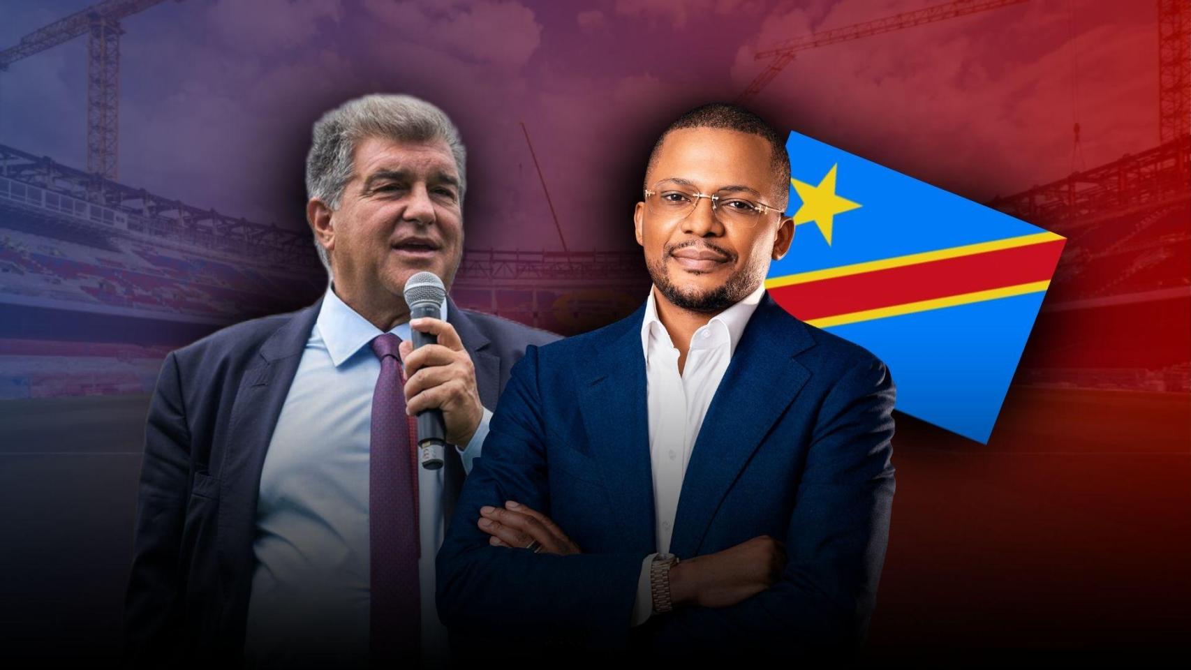 Joan Laporta, Didier Budimbu, ministro de deportes del Congo, y la bander de la República Demcrática del Congo en un montaje