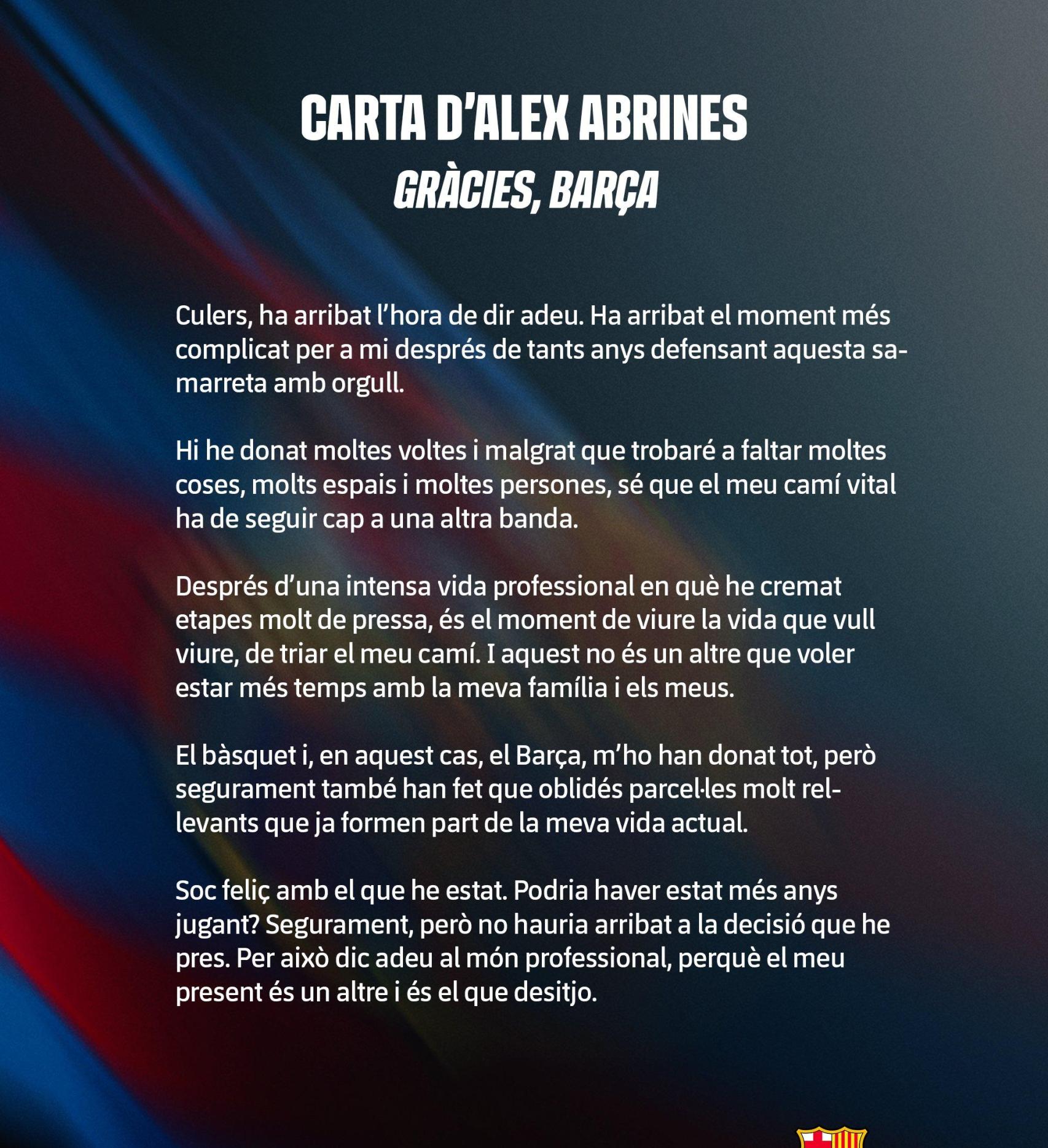 Carta de Álex Abrines a los aficionados del Barça tras anunciar la retirada (1)