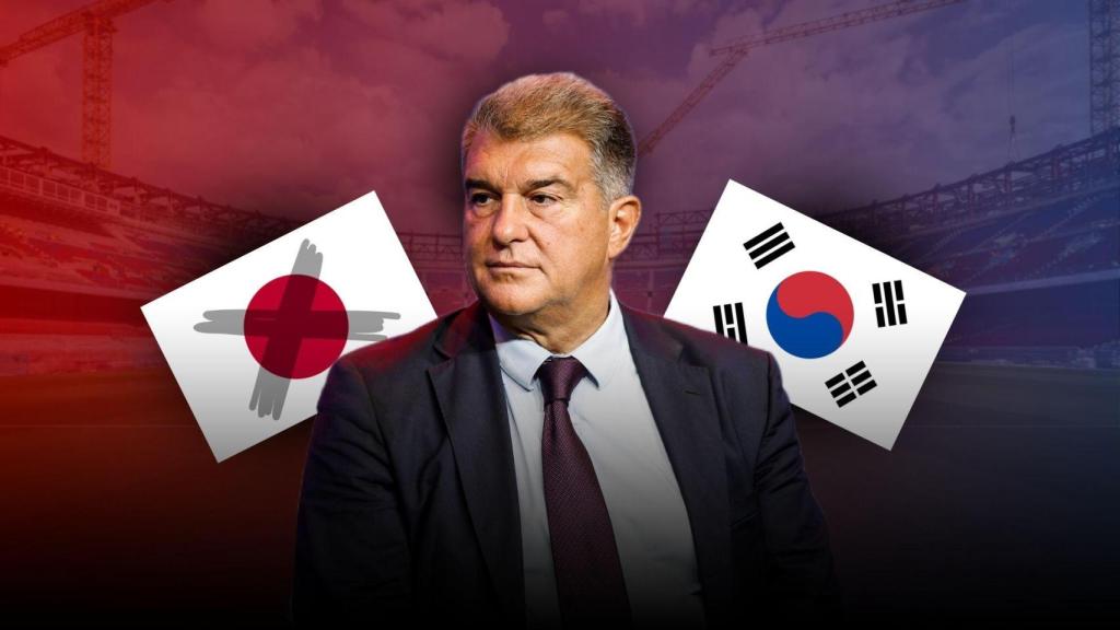 Joan Laporta con las banderas de Japón y Corea del Sur