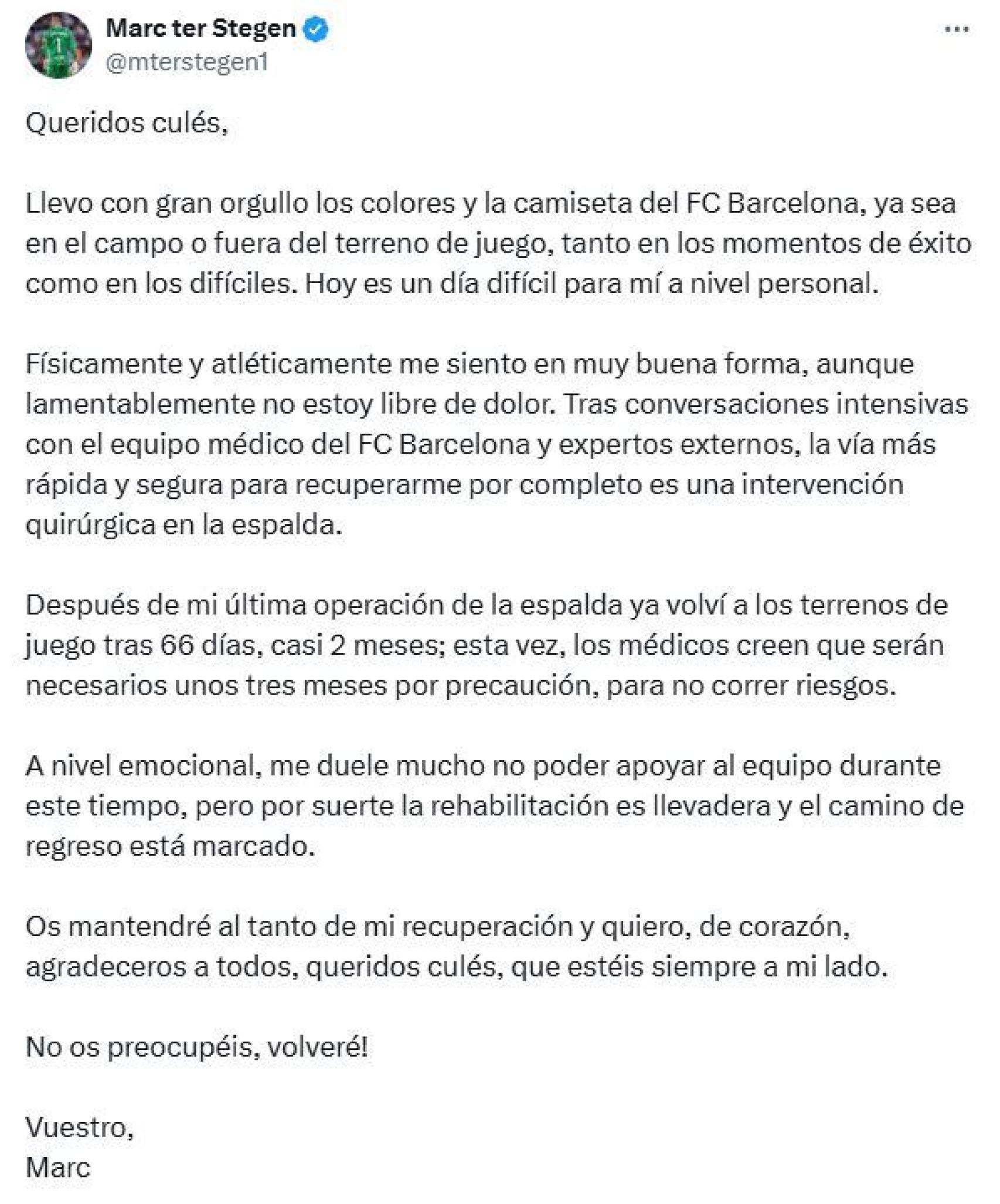 El comunicado de Marc-André ter Stegen sobre su lesión