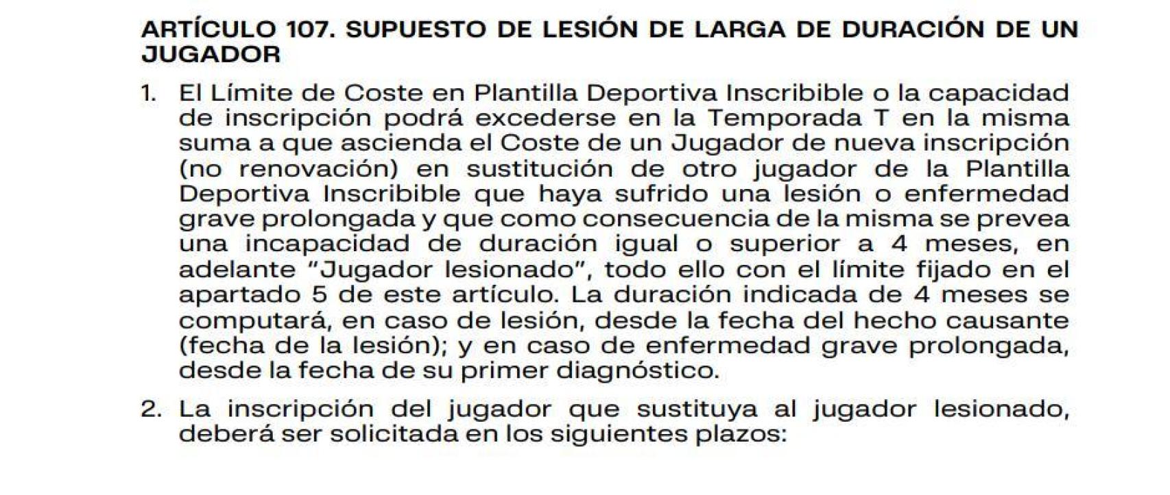 Artículo 107 de las Normas de Elaboración de Presupuestos de Clubes/SADs, relativo al supuesto de lesión de larga duración de un jugador