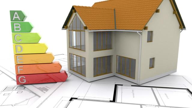 Casa 3D con puntuaciones de calificación energética