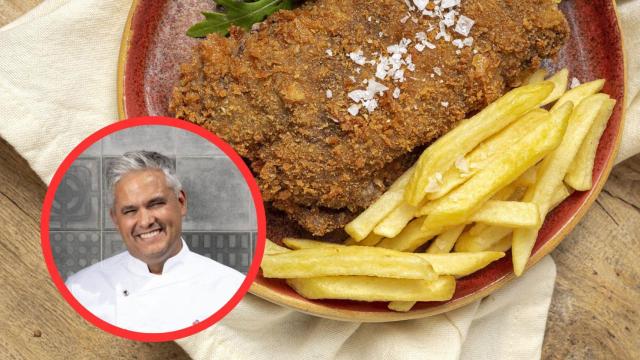 Fotomontaje Nandu Jubany y escalopa milanesa