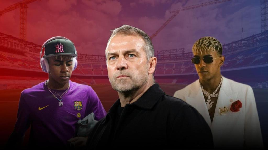 Lamine Yamal y Hansi Flick en un montaje