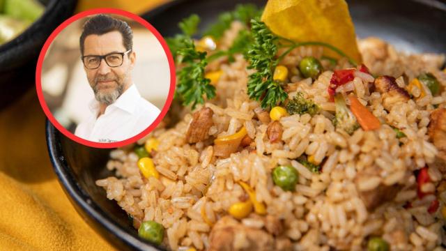 Fotomontaje Quique Dacosta y plato de arroz