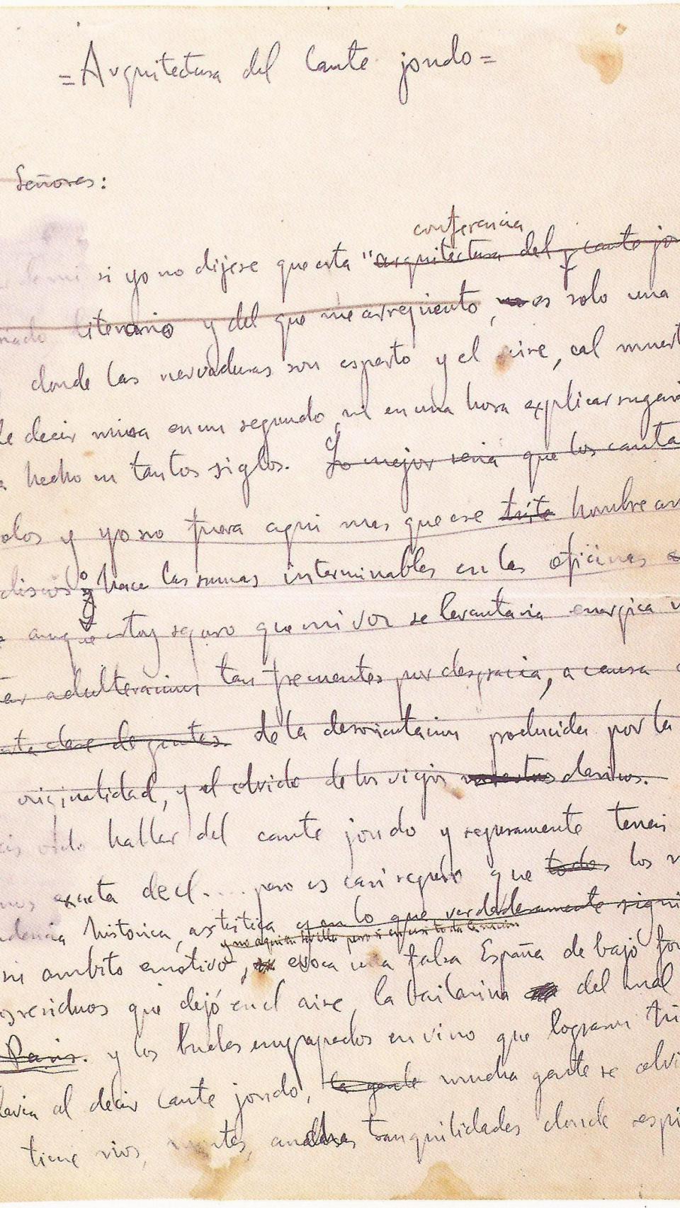 Página manuscrita de la conferencia de Lorca ‘Arquitectura del cante jondo’.