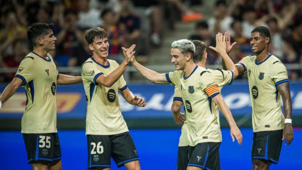 Els jugadors del Barça celebren un gol al partit de pretemporada contra el FC Seoul