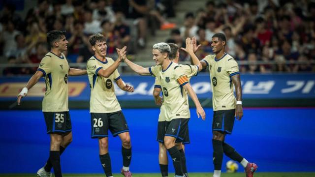 Los jugadores del Barça celebran un gol en el partido de pretemporada contra el FC Seoul