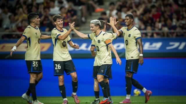 Los jugadores del Barça celebran un gol en el partido de pretemporada contra el FC Seoul