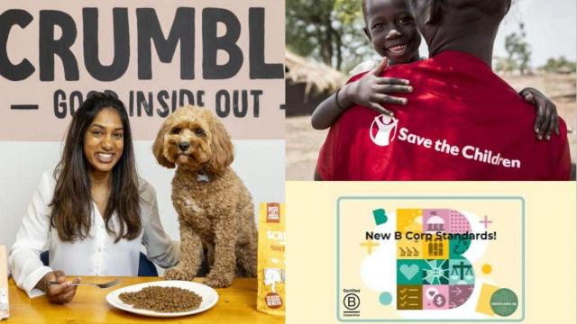 Imagen compuesta por dos fotografías, una de Save The Children, y otra de Scrumbles junto al sello B Corp
