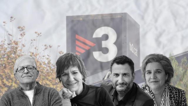 Montaje con TV3 al fondo y la imagen de Ramón Cotarelo, Empar Moliner, Toni Soler y Pilar Rahola