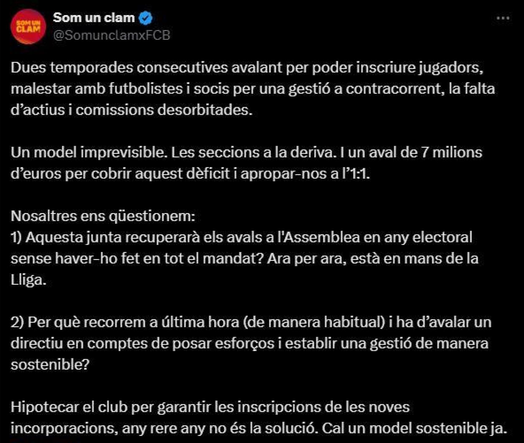 El comunicado de 'Som un Clam' en contra de la gestión de Laporta con el aval de 7 millones para asegurar las inscripciones