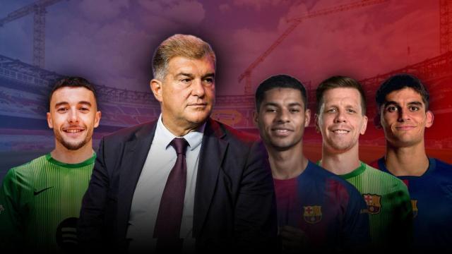 Joan Laporta, Joan García, Rashford, Szczesny y Gerard Martín en un montaje