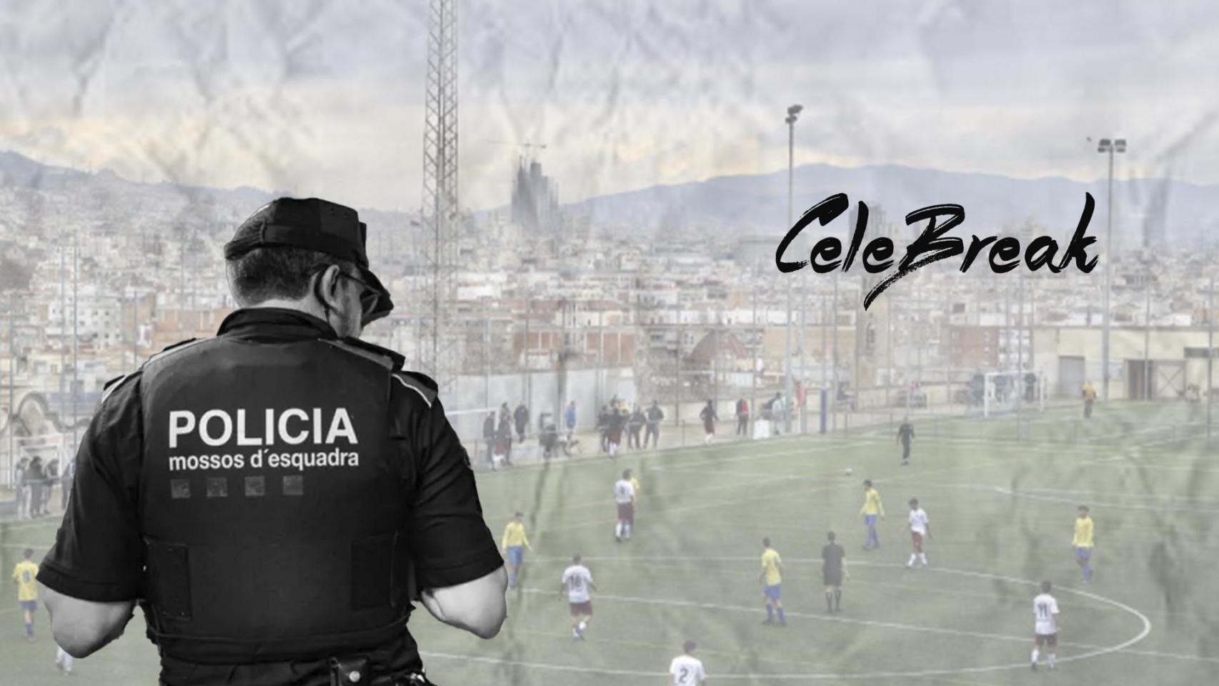 Un mosso en el campo de fútbol de La Satalia, con el logo de la empresa Celebreak