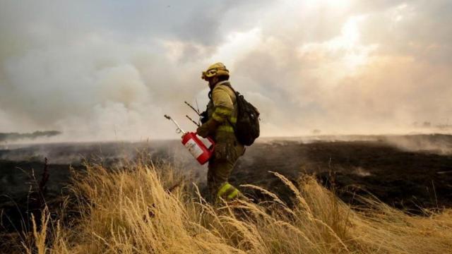 Un efectivo contra incendios trabaja en las tareas de extinción en León