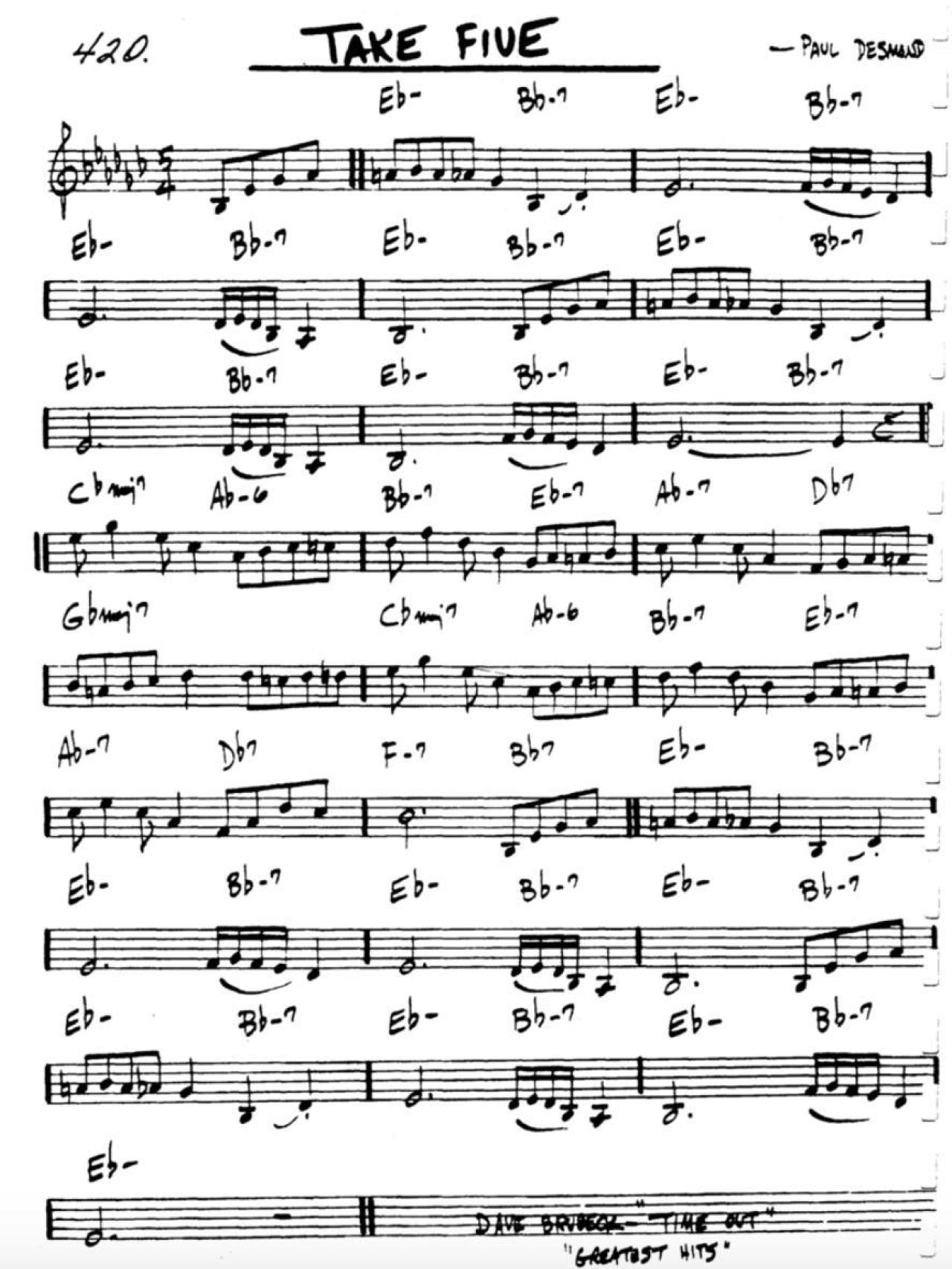 Partitura de 'Take Five', de Paul Desmond