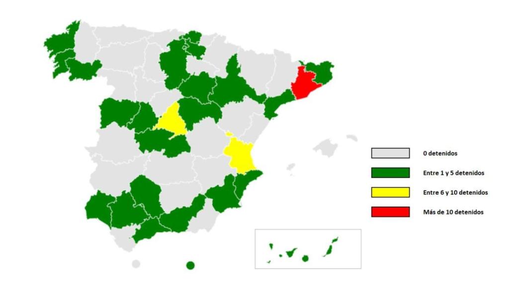Mapa de detenciones de presuntos terroristas yihadistas en España este 2025