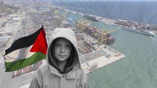 Fotomontaje con la activista Greta Thunberg, quien zarpará desde Barcelona en una flota para desbloquear la ayuda humanitaria a Gaza