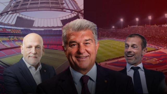 Aleksander Ceferin, Joan Laporta y Javier Tebas en un montaje sobre el Camp Nou y el Estadi Lluís Companys