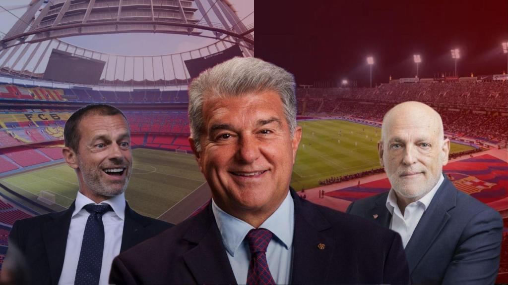 Aleksander Ceferin, Joan Laporta y Javier Tebas en un montaje sobre el Camp Nou y el Estadi Lluís Companys