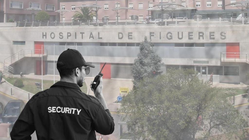 Montaje con la fachada del Hospital de Figueres (Girona) de fondo y un vigilante de seguridad en primer plano
