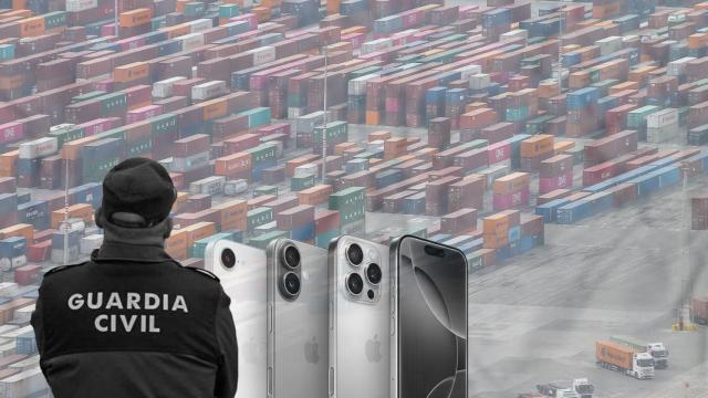 Montaje de un agente de la Guardia Civil con el puerto de Barcelona de fondo y varios teléfonos iPhone