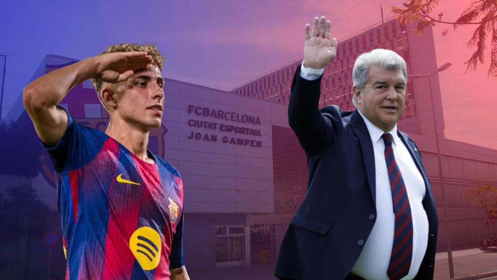Joan Laporta y Fermín López, en un fotomontaje con la Ciutat Esportiva Joan Gamper de fondo