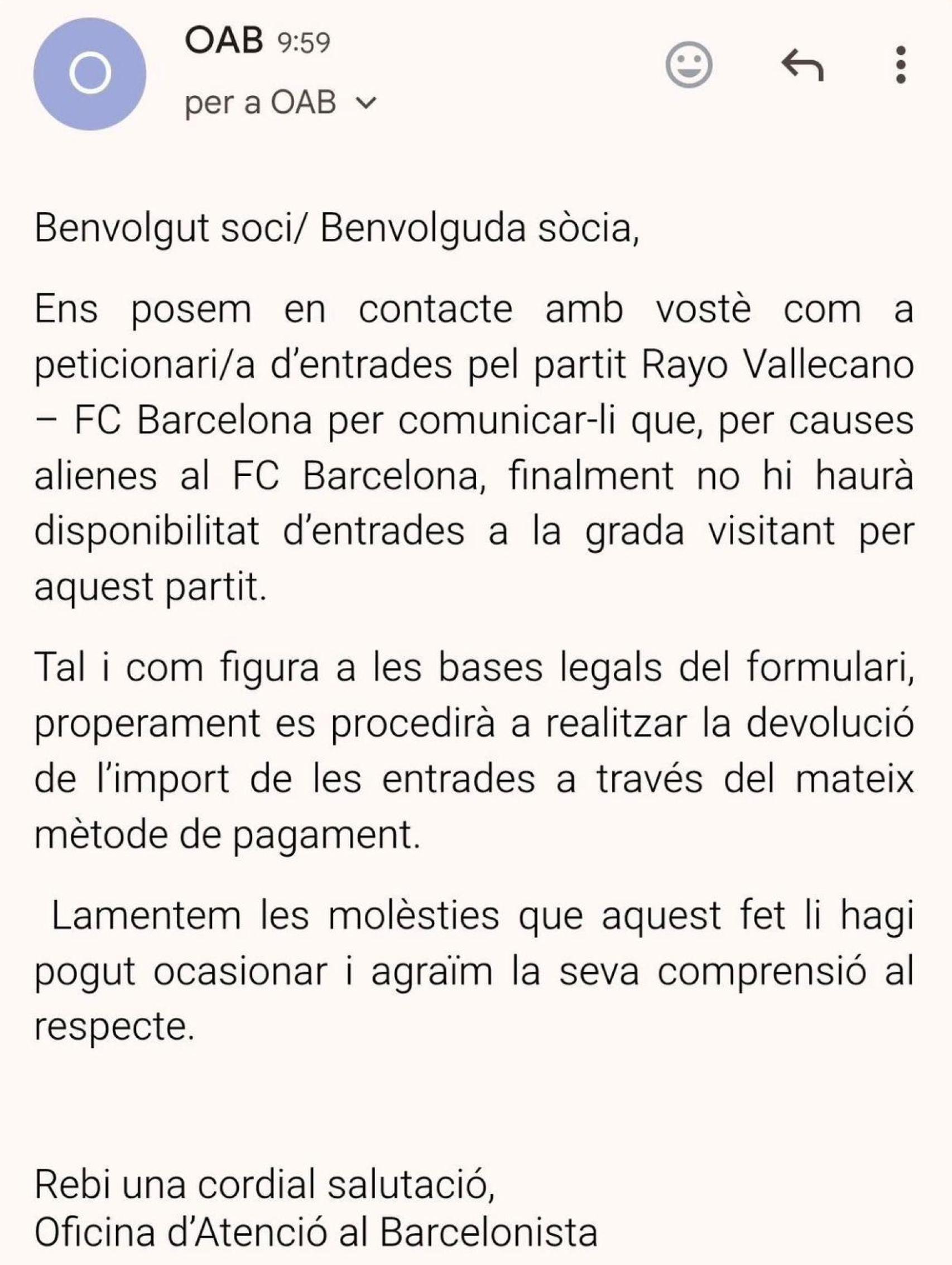 El Barça informa que devuelve el dinero de las entradas para el partido contra el Rayo de la jornada 3 de Liga