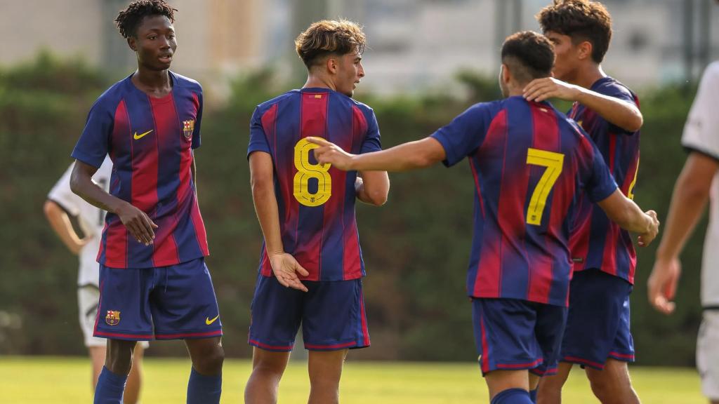 El Barça B celebra un gol contra el Atlètic Lleida