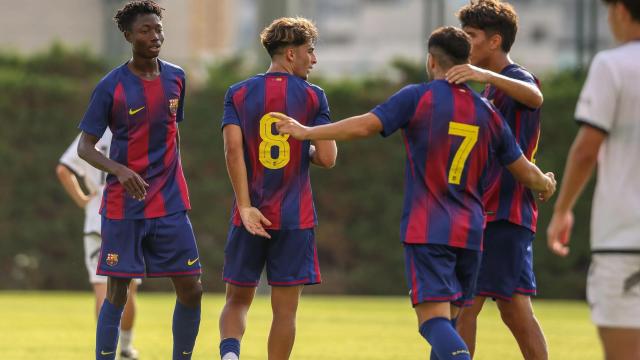 El Barça B celebra un gol contra el Atlètic Lleida
