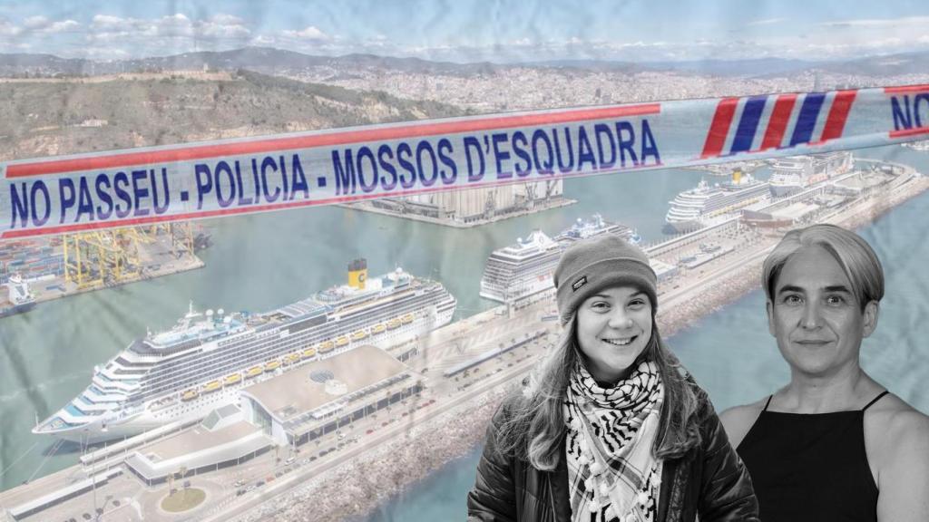 Fotomontaje con el puerto de Barcelona de fondo y Greta Thunberg (izq.) y Ada Colau (d) en primer plano