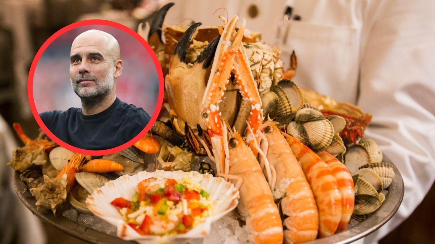 Fotomontaje Pep Guardiola y bandeja de marisco del Botafumeiro