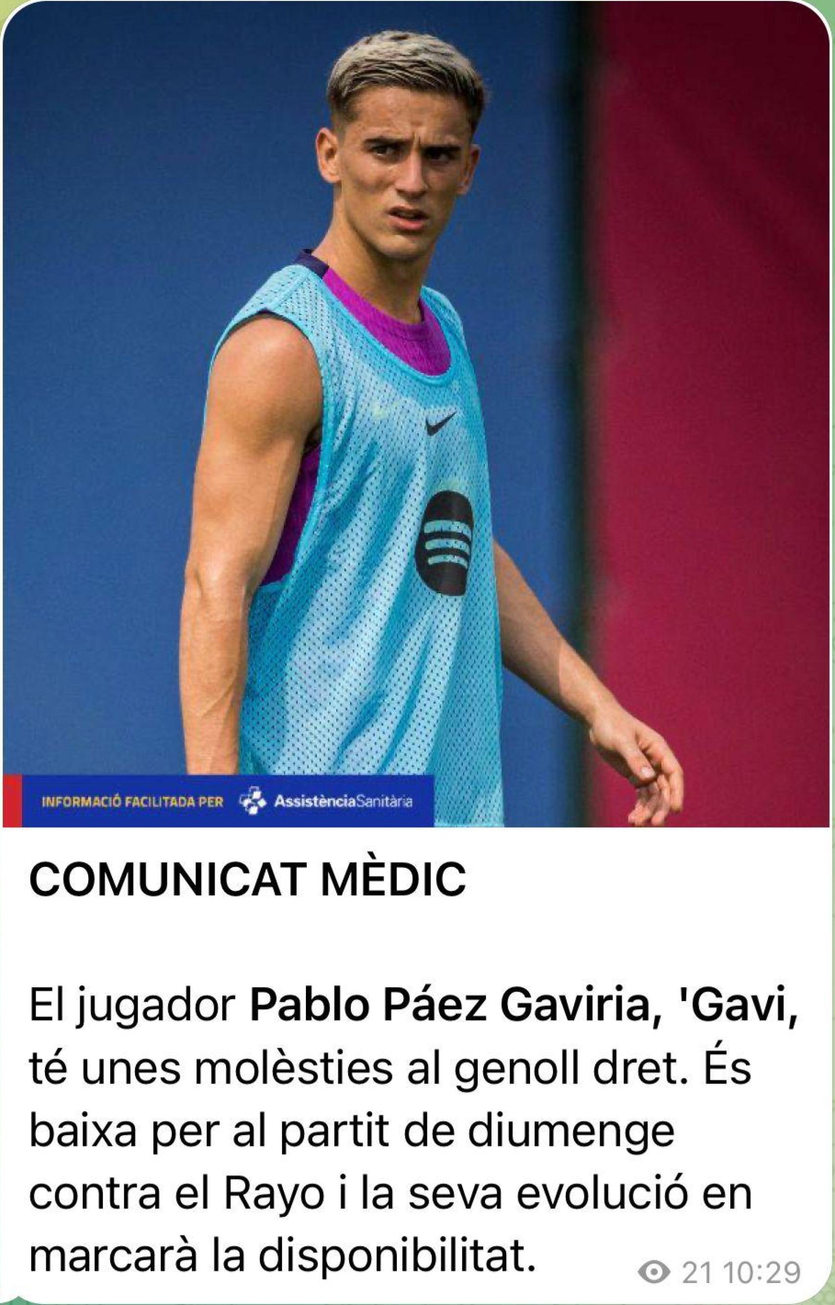 El comunicado del Barça sobre la lesión de Gavi, antes del partido contra el Rayo